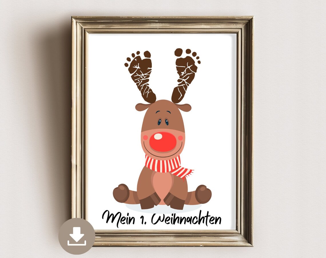 My First Christmas Reindeer Footprint Baby Holiday Keepsake Art Poster