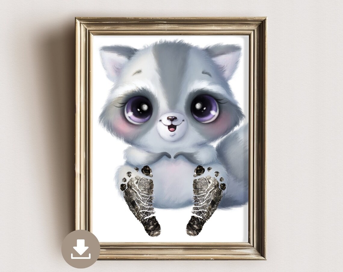 Cute Raccoon With Baby Footprint Belly Nursery Keepsake Poster