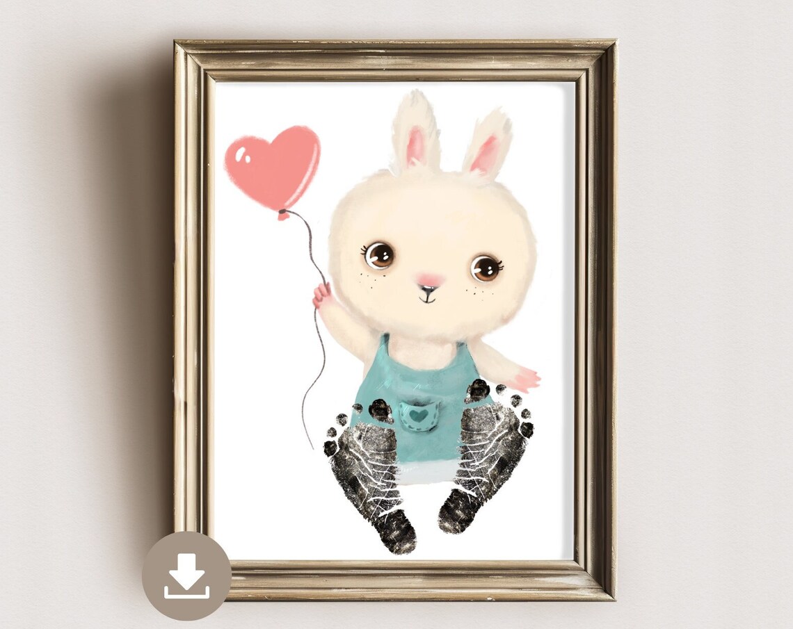 Bunny In Overalls With Heart Balloon Footprint Nursery Poster