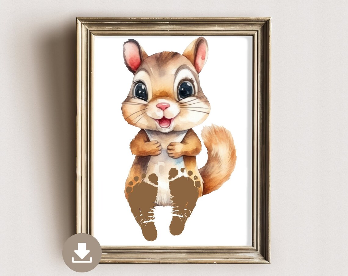 Happy Watercolor Squirrel Baby Footprint Nursery Keepsake Poster