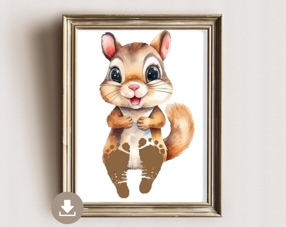 Happy Watercolor Squirrel Baby Footprint Nursery Keepsake Poster