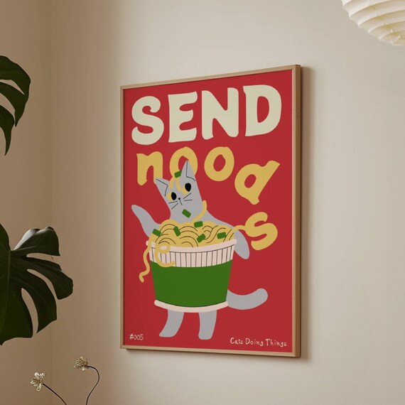 Send Noods Grey Cat Giant Ramen Noodle Cup Silly Kitchen Poster