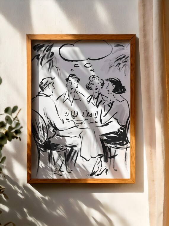Line Art Wall People Having Dinner Illustration Home Decor Minimalist Print Instant