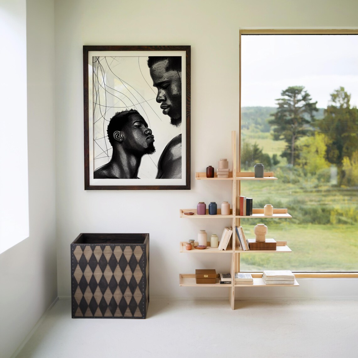 Two Men Black and White Portrait Sketch Contemporary Figurative Art Poster