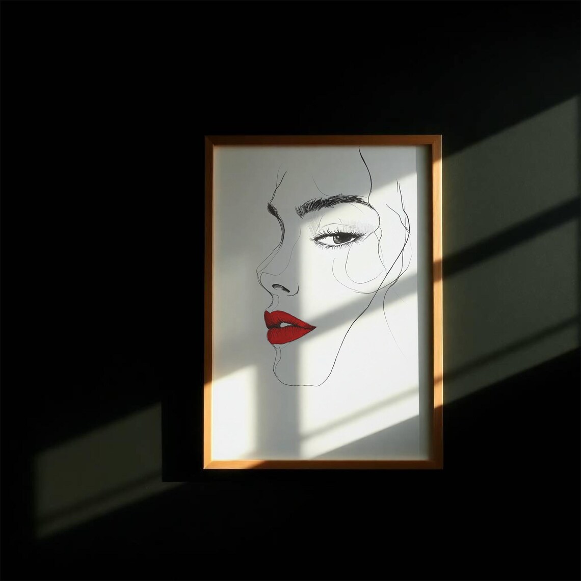 Wall Art Woman Face Line Print Minimalist Red Lips Drawing Modern Home Decor Instant