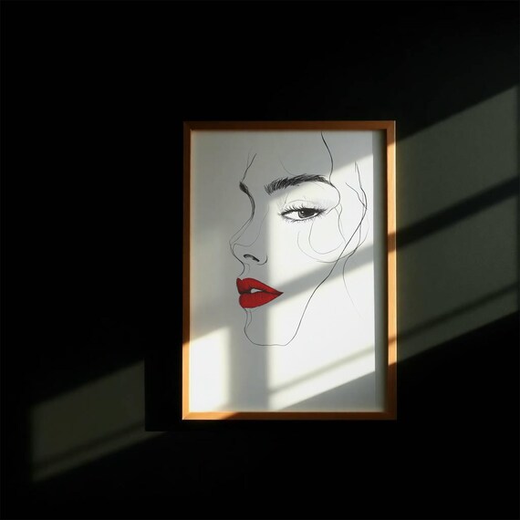 Wall Art Woman Face Line Print Minimalist Red Lips Drawing Modern Home Decor Instant