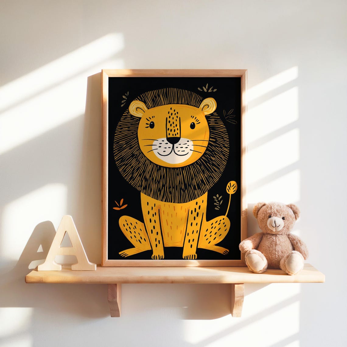 Golden Lion Nursery Illustration Smiling Cub on Black Poster