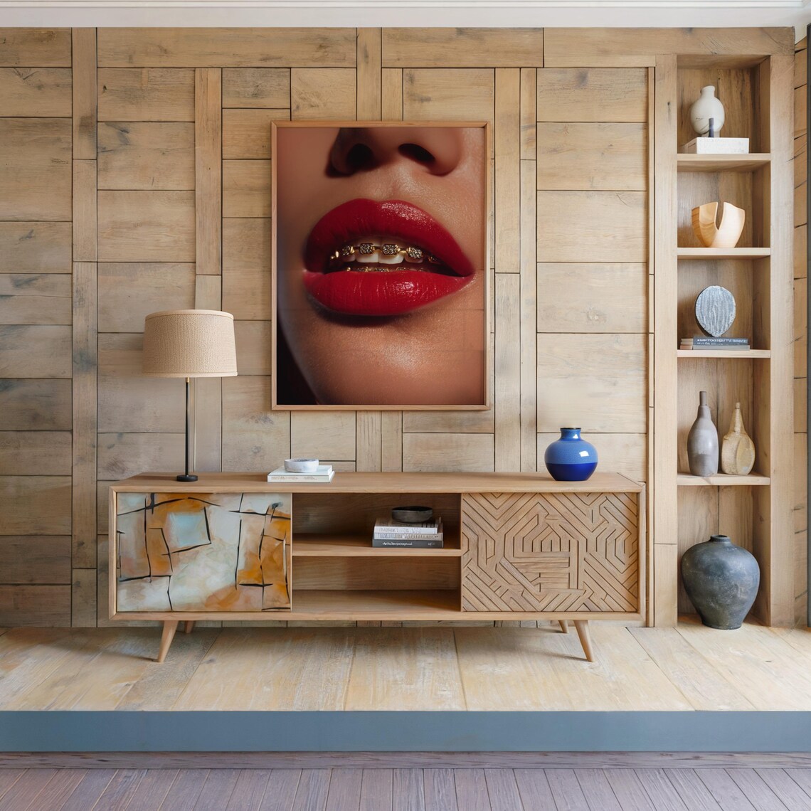 Red Lips With Gold Braces Glamorous Beauty Close-Up Fashion Poster