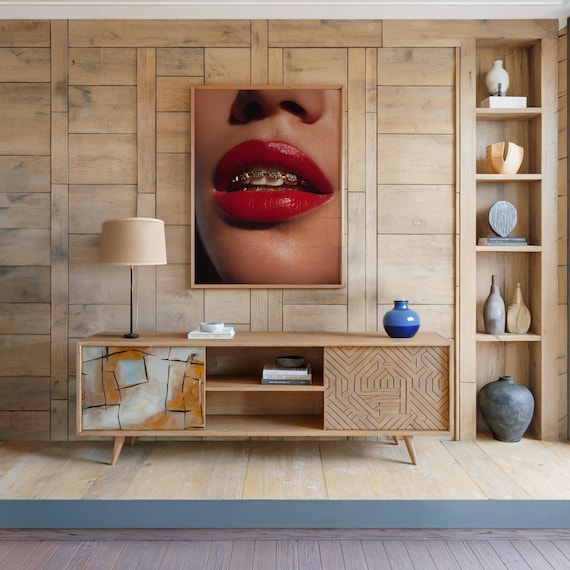 Red Lips With Gold Braces Glamorous Beauty Close-Up Fashion Poster