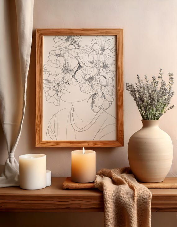 Floral Woman Line Art Wall Print Abstract Flower Portrait Botanical Modern Minimalist Decor Drawing