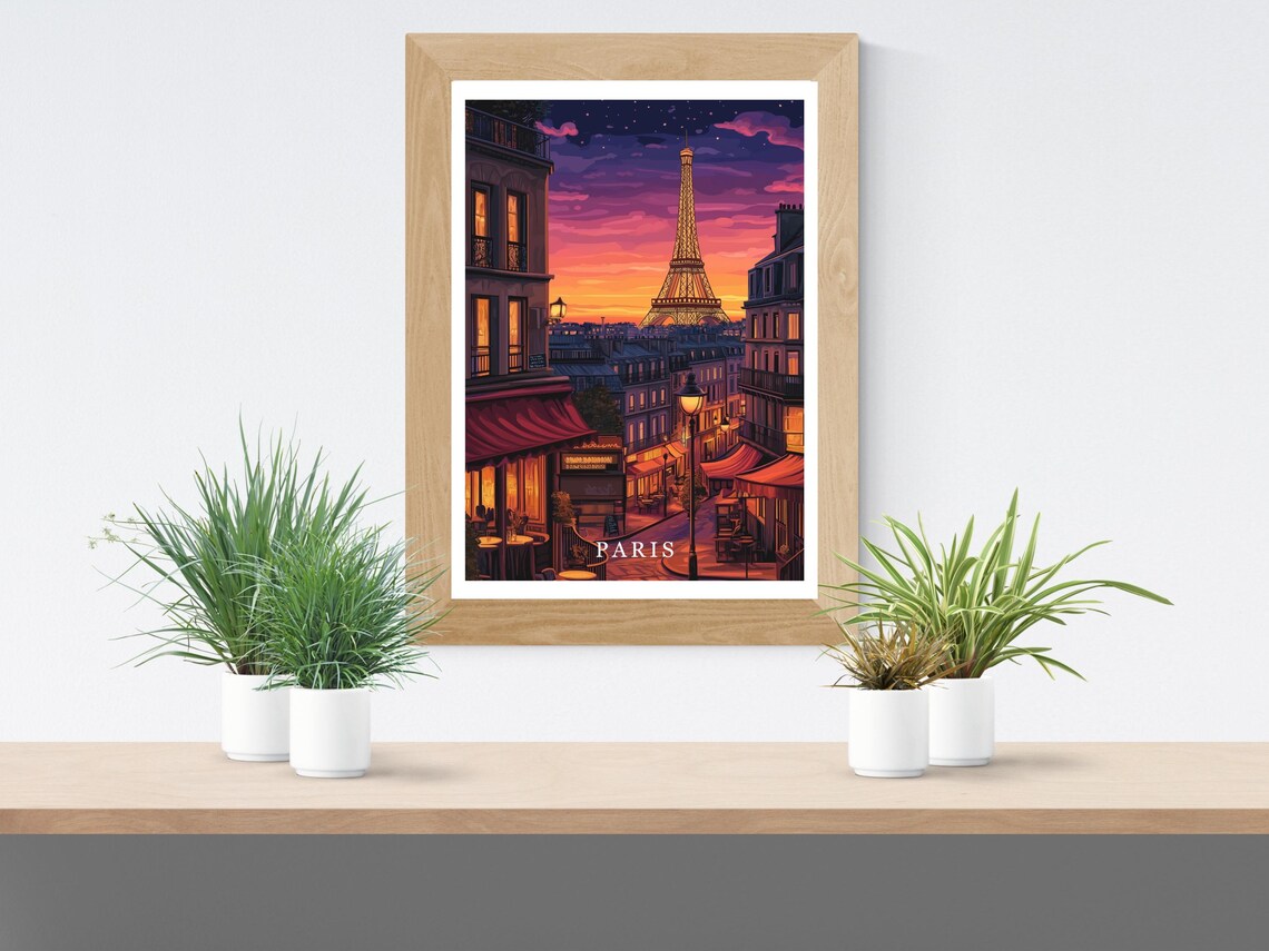Paris France Eiffel Tower Night Street Cafe Scene Travel Poster - Image 2