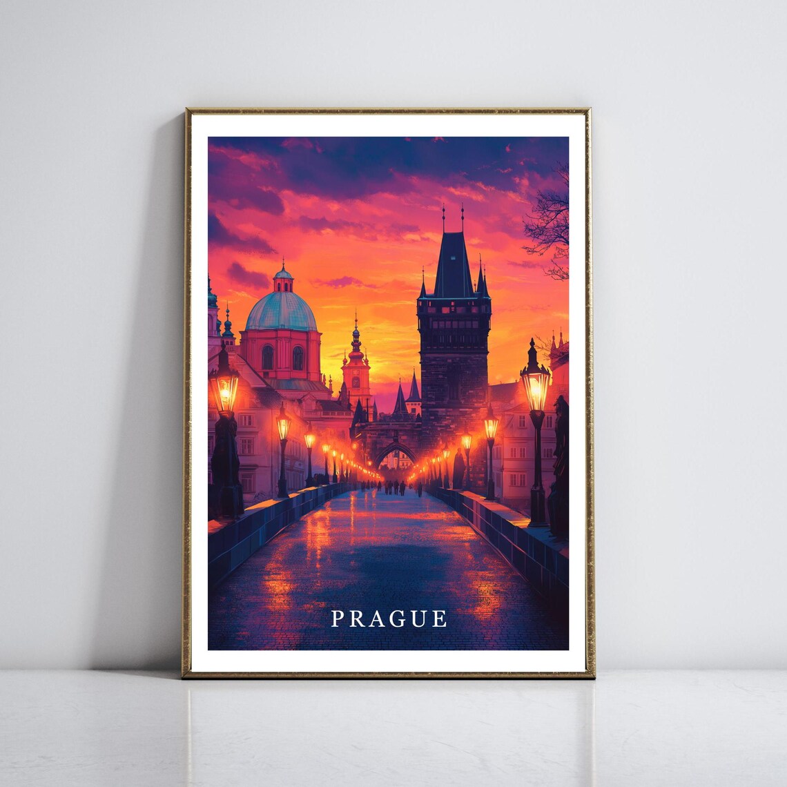 Prague Czech Republic Charles Bridge Fiery Sunset Travel Poster