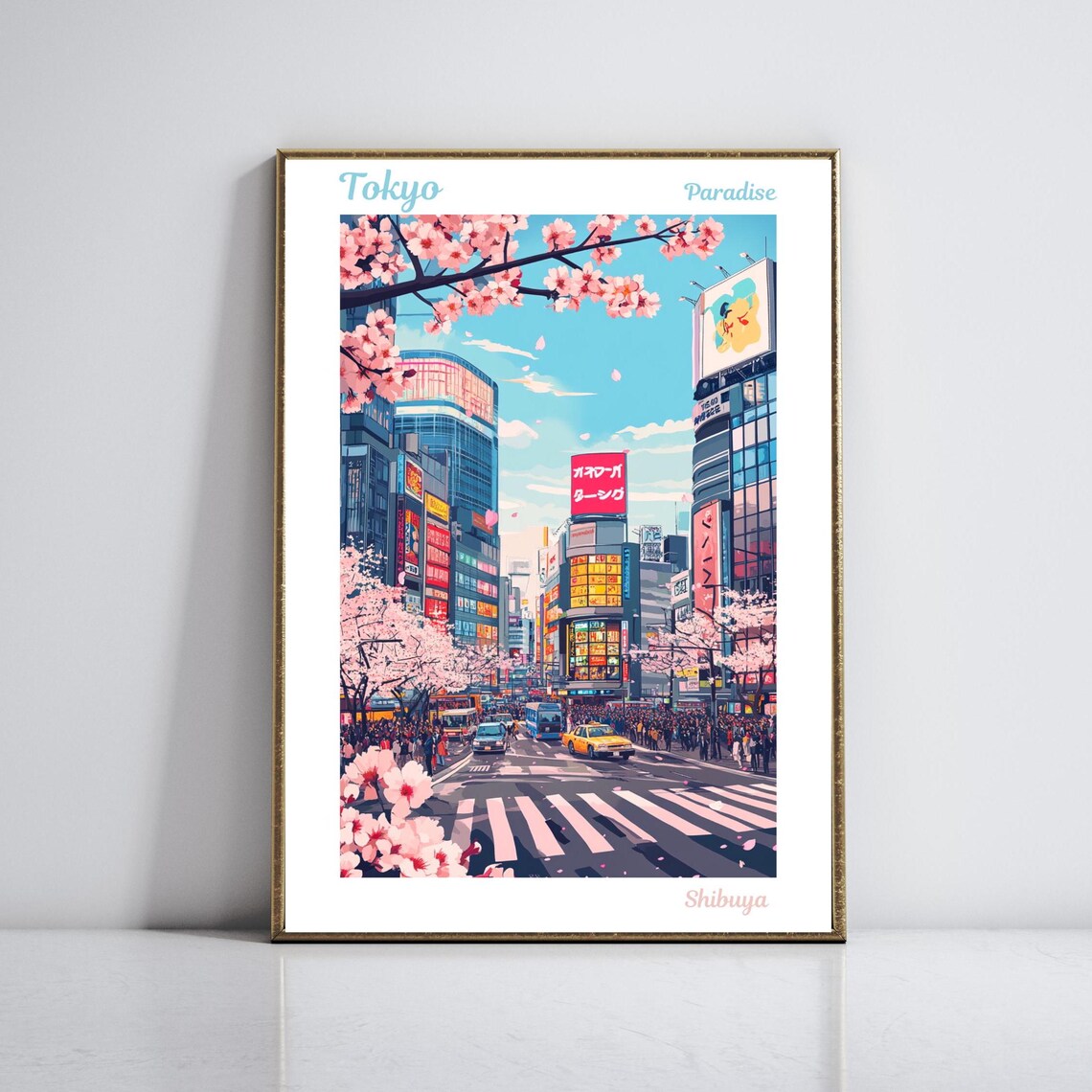 Tokyo Japan Shibuya Crossing Scene with Cherry Blossoms Poster