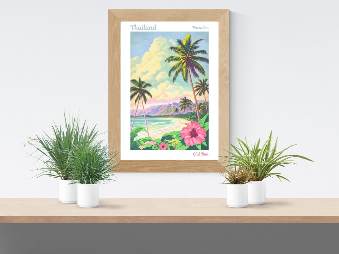 Thailand Paradise Beach with Palm Trees and Pink Hibiscus Poster - Image 2