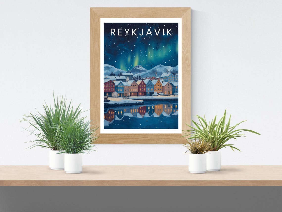 Reykjavik Northern Lights Snowy Harbor Town Iceland Travel Poster - Image 2