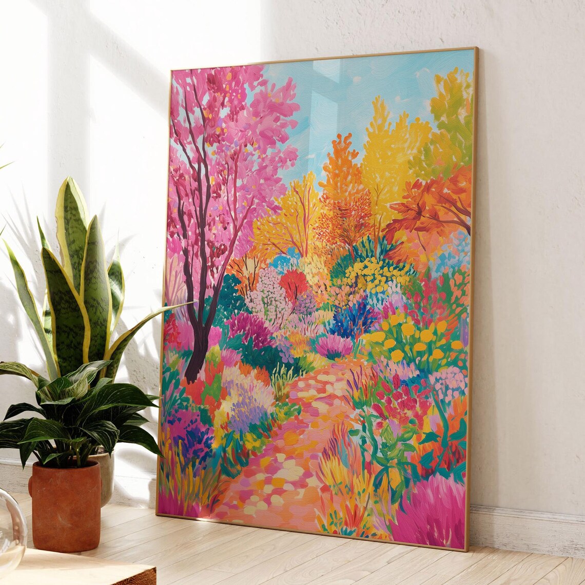 Colorful Abstract Forest Pink Orange Trees Floral Path Modern Wall Poster - Image 4