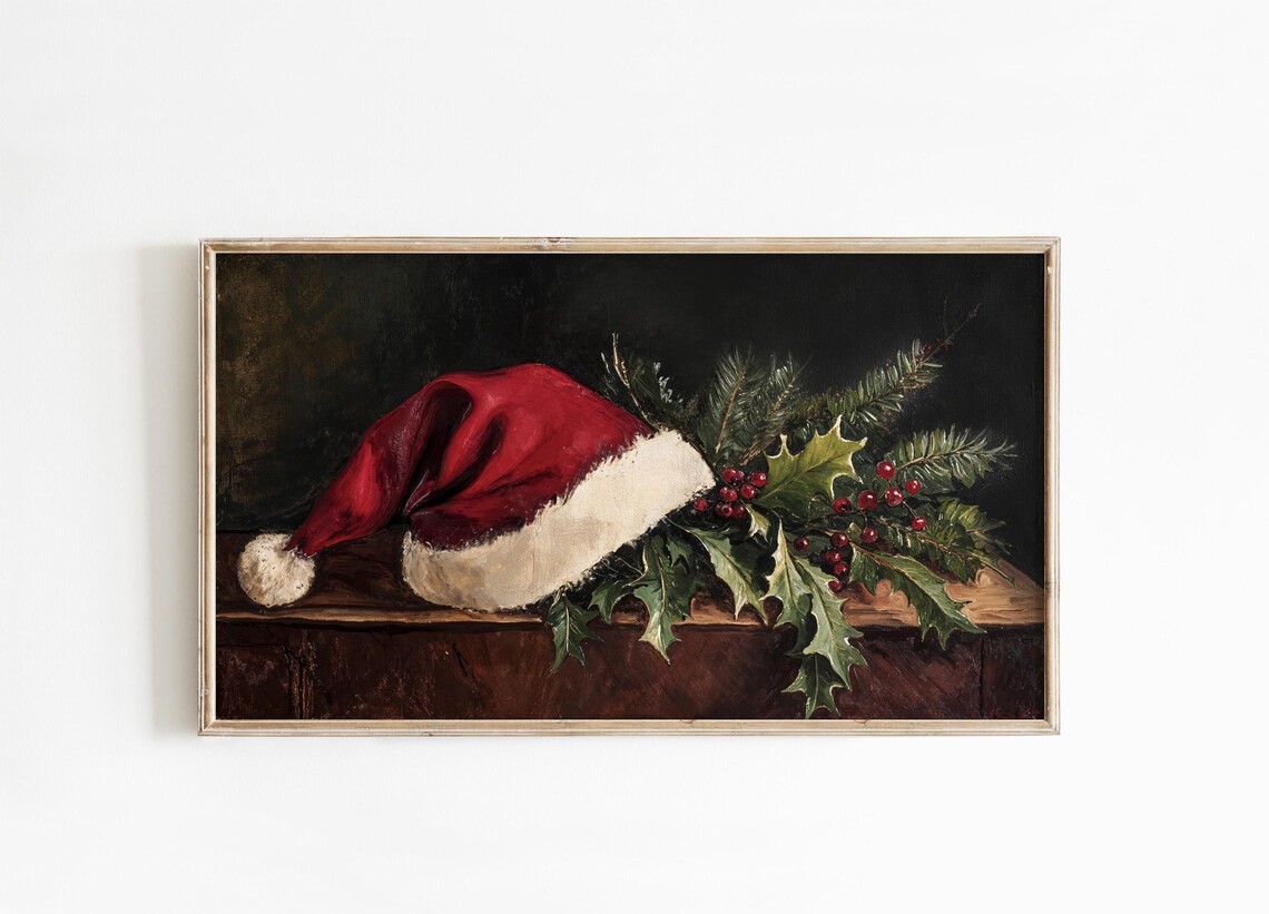 Vintage Santa Hat Holly Christmas Still Life Oil Painting Poster - Image 2