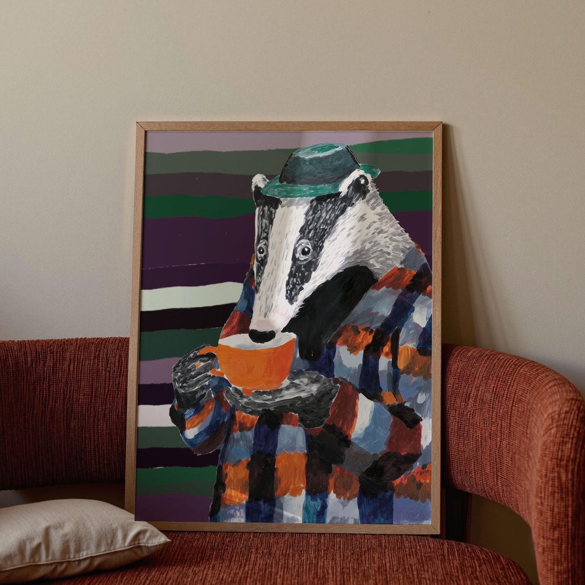 Dapper Badger Drinking Coffee Poster Whimsical Animal Print