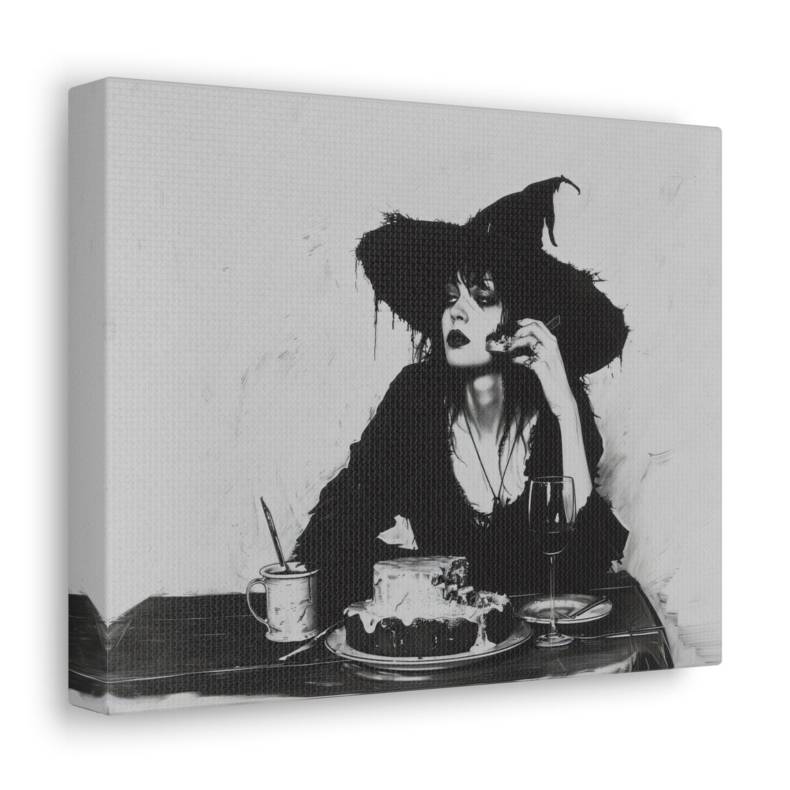 Black and White Witch with Cake Gothic Sketch Spooky Wall Poster - Image 3