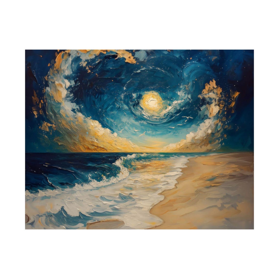 Moonlit Starry Night Beach With Swirling Golden Clouds Ocean Poster - Image 3