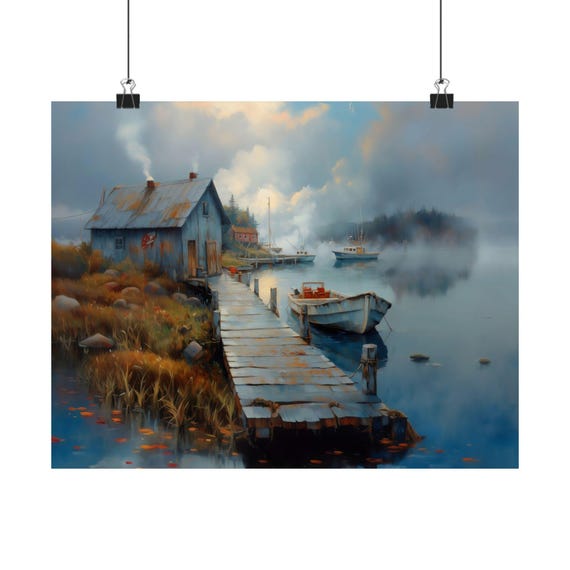Rustic Boat Dock Poster Print Landscape Modern Painting Outdoor Nature Water Wall Print Airbnb Art Wall Decor