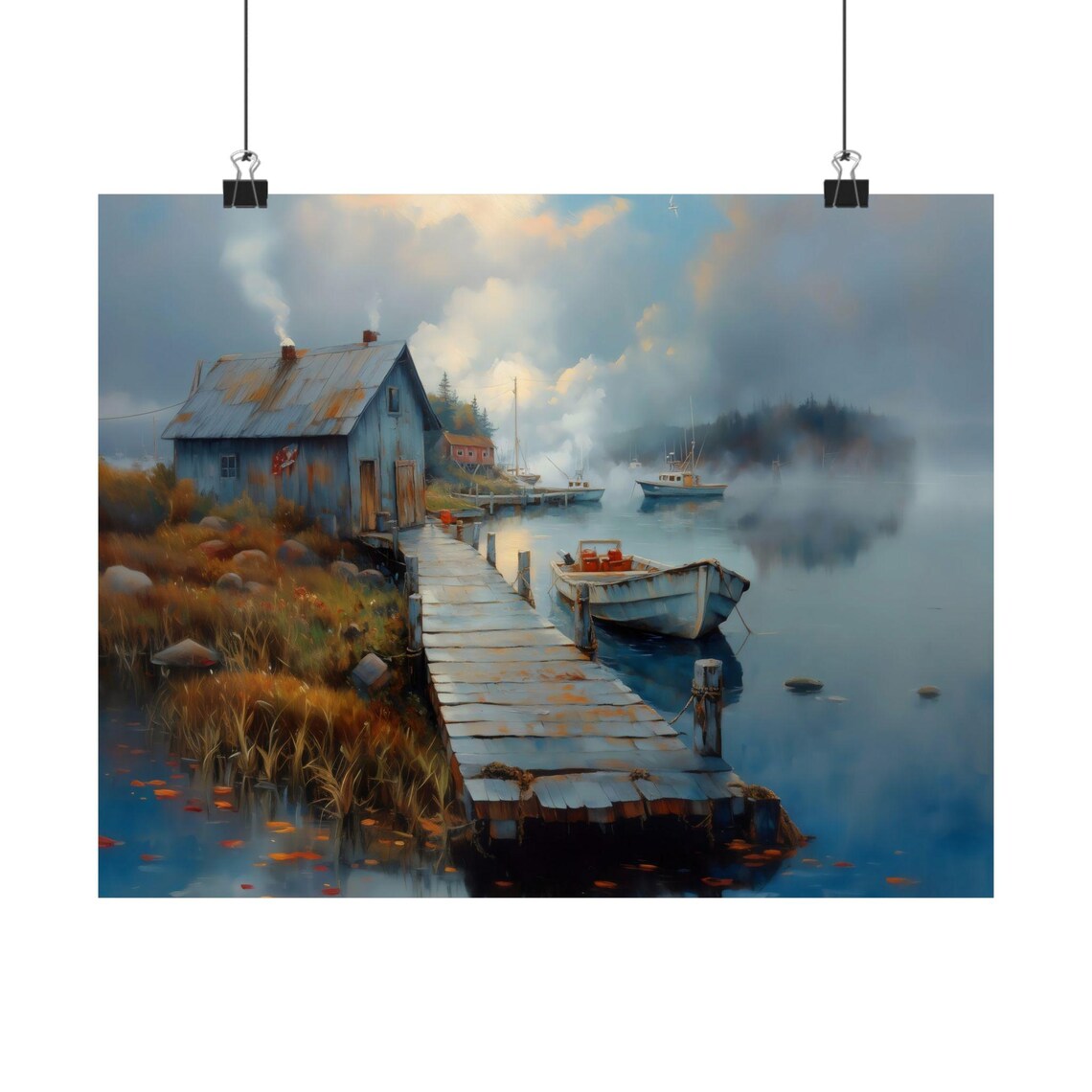 Weathered Dock Lakeside Cabin Fishing Boats Foggy Harbor Poster