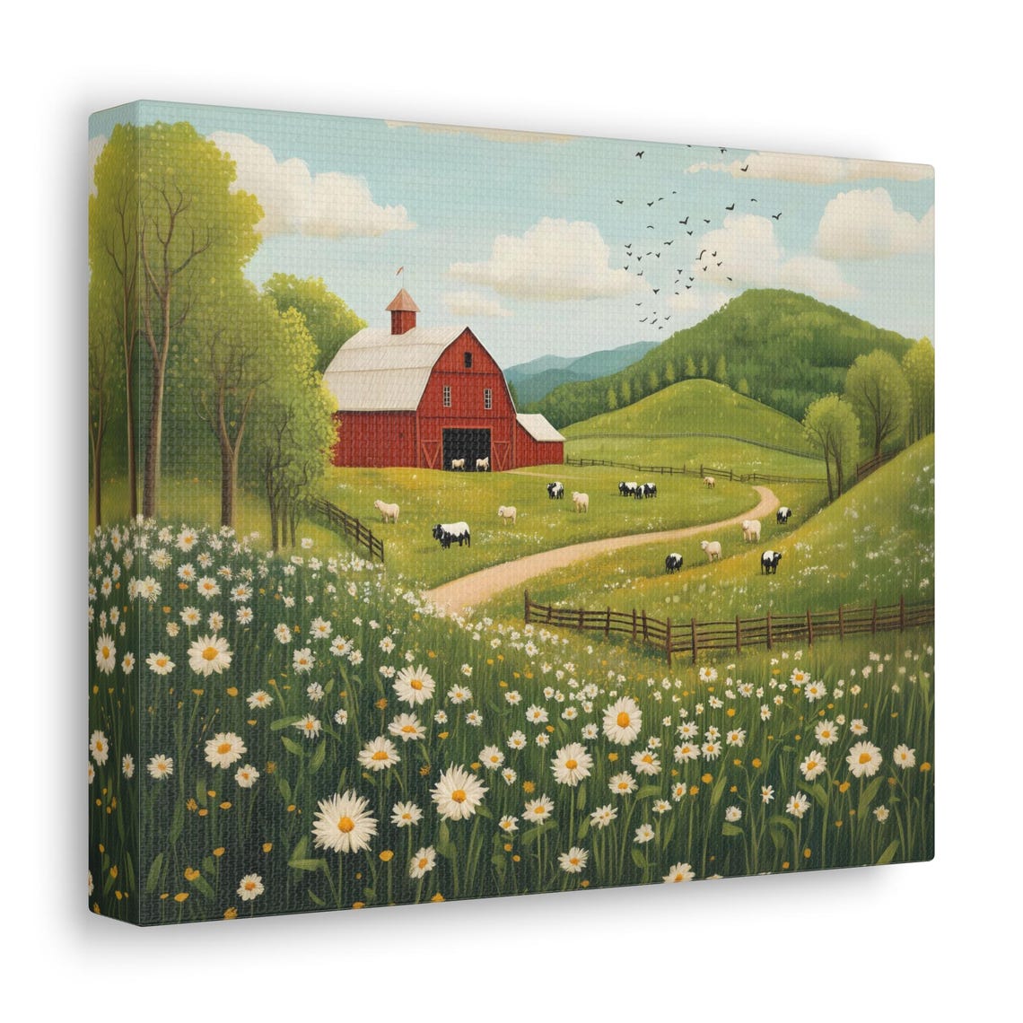 Red Barn Daisy Meadow Hillside Farm Cows Vintage Rustic Wall Art - Image 3