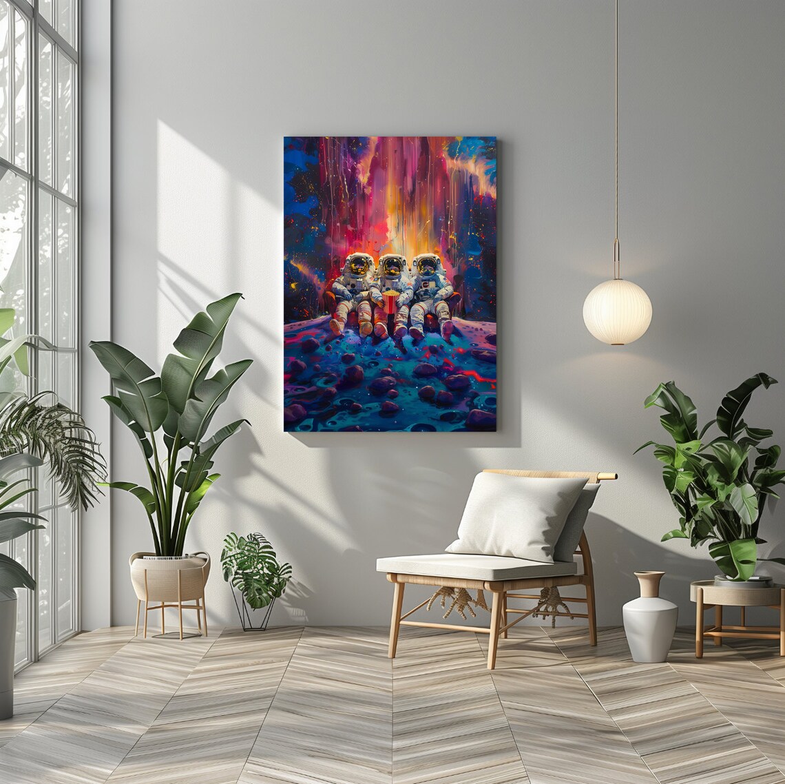 Astronauts Movie Night Under Vibrant Nebula Starscape Poster