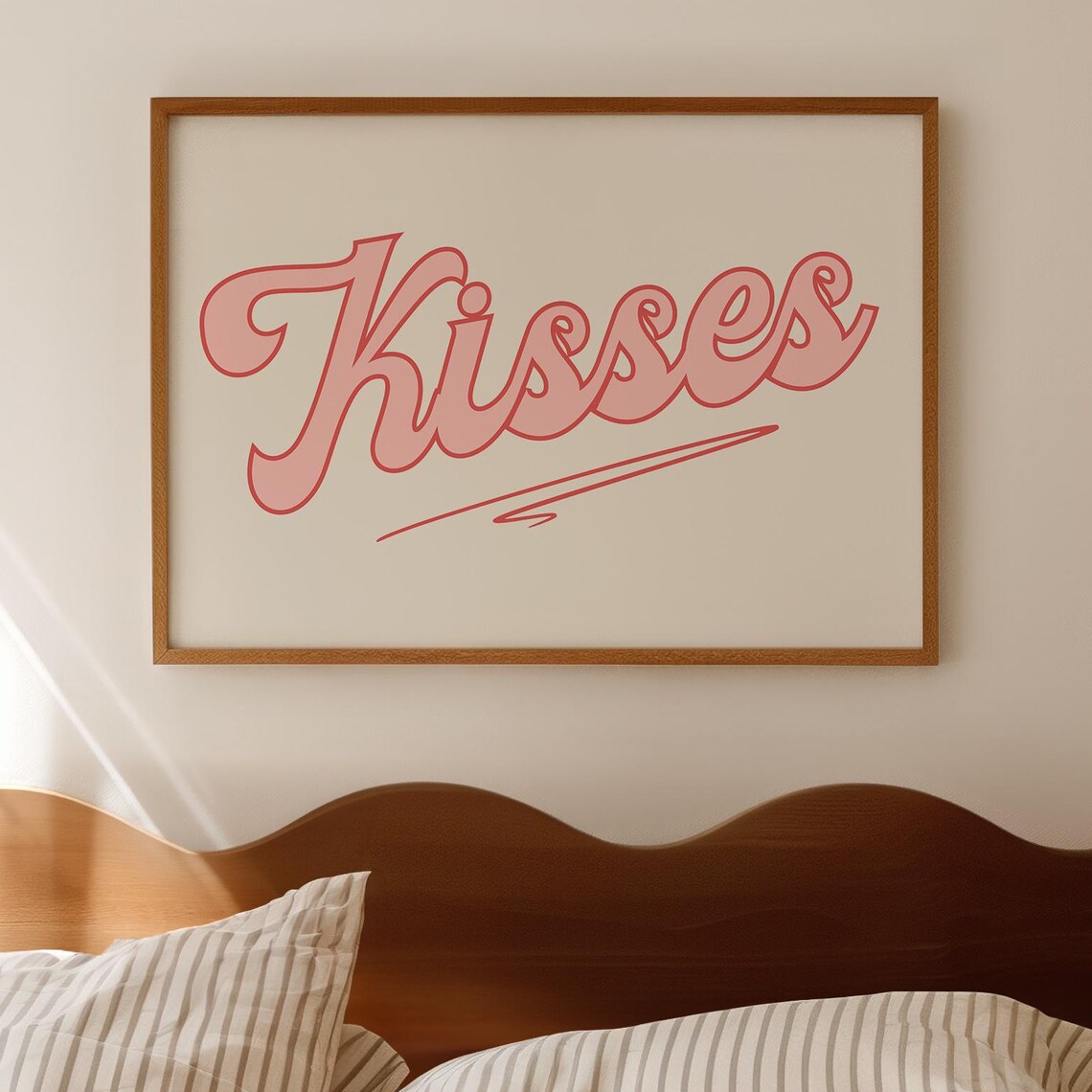 Kisses Pink Retro Script Horizontal Romantic Bedroom Trendy Poster