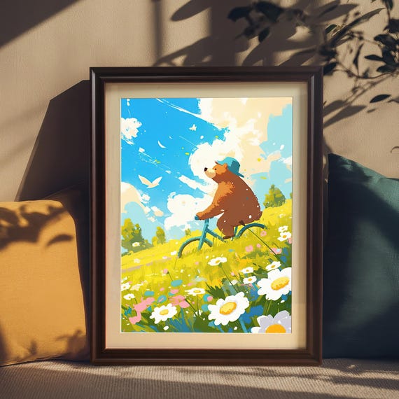 Bear On Bicycle Wood Framed Wall Art Giclee Print Childrens Room Decor