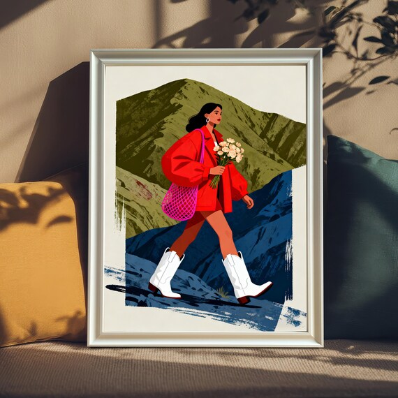 Fashionable Woman Hiking With Flowers Colorful Mountain Illustration Poster
