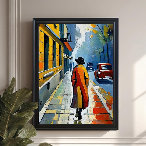 Rainy City Street Figure In Red Coat Impressionist Oil Painting Print