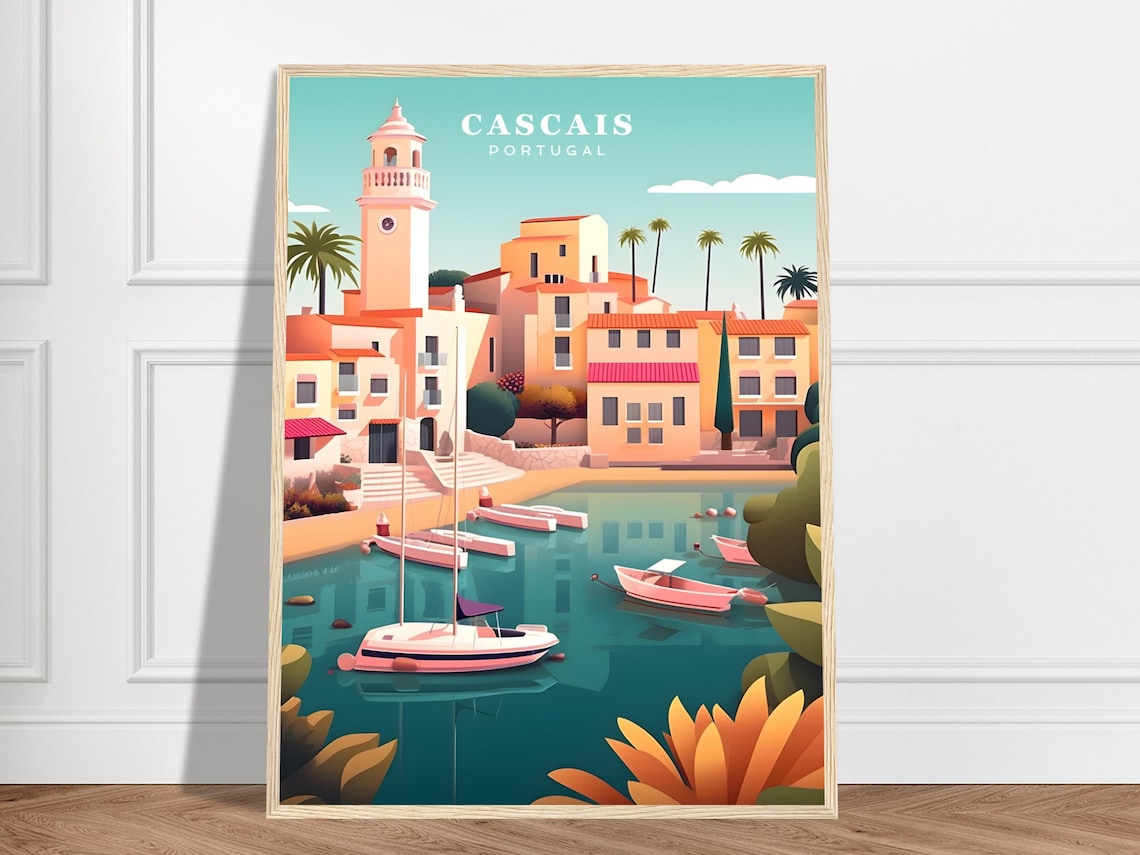 Cascais Portugal Harbor Boats Retro Pastel Travel Beach Poster