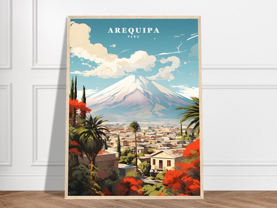 Arequipa Peru City with Snow Capped Volcano Vintage Travel Poster