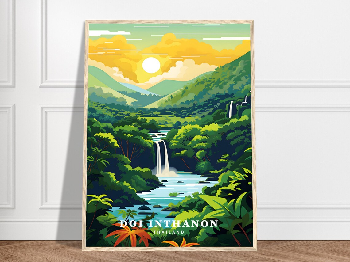 Doi Inthanon Thailand Lush Jungle Waterfalls Colorful Travel Poster