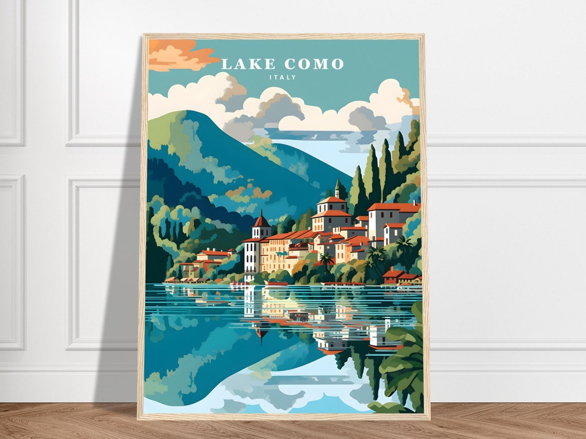 Lake Como Italy Retro Lakeside Village Mountain Travel Poster