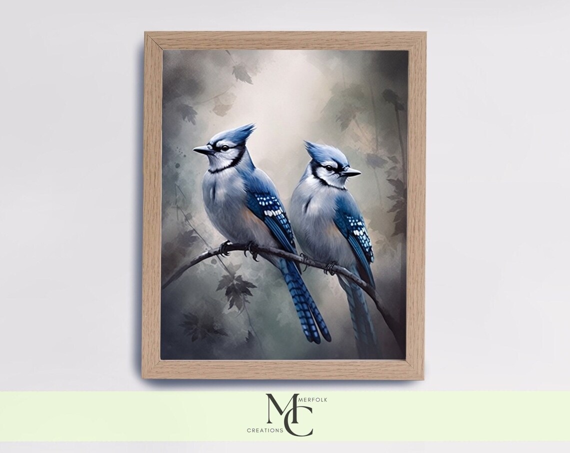 Elegant Two Blue Jays Watercolor Portrait Wildlife Bird Poster - Image 3