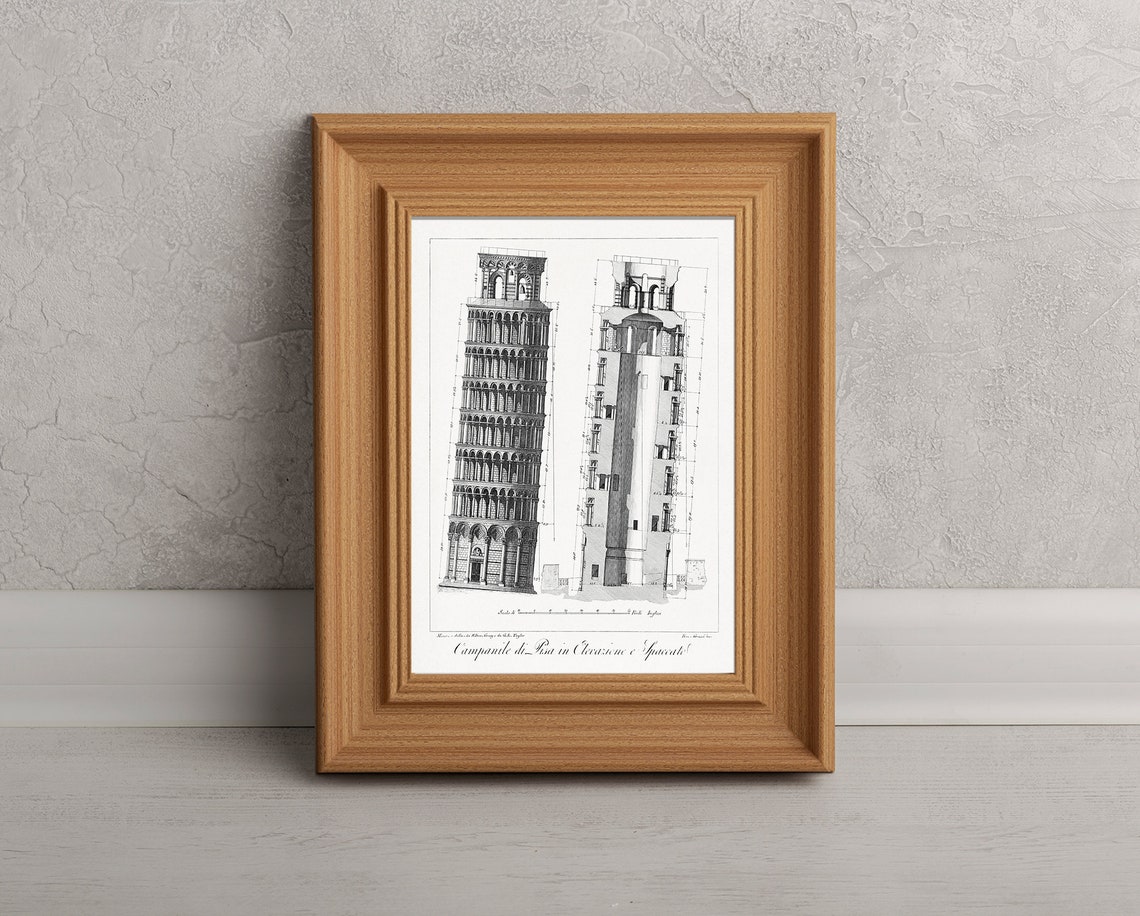 Leaning Tower of Pisa Elevation Vintage Architecture Engraving Poster - Image 3