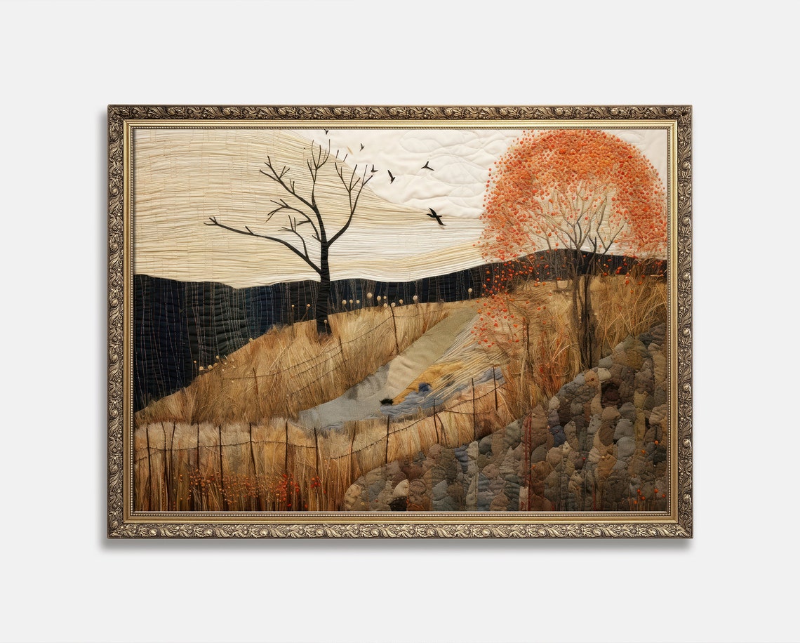 Autumn Countryside Stream with Bare Trees Textile Style Poster - Image 2