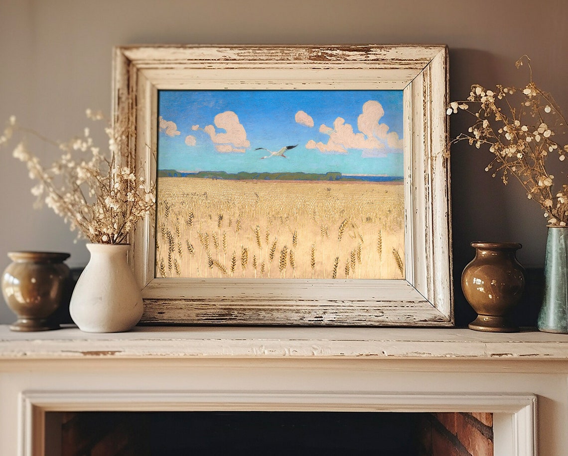 Golden Wheat Field with Flying Bird Vintage Landscape Poster - Image 2