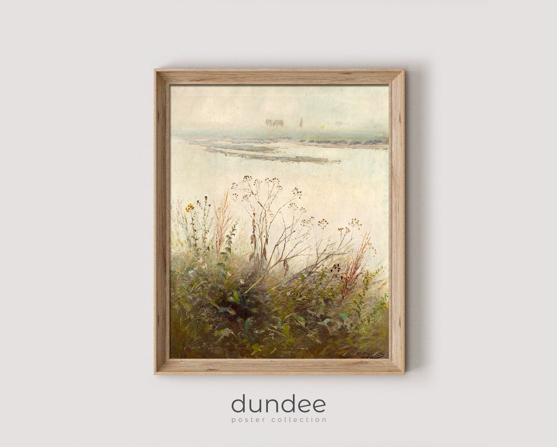 Hazy Lakeside Wild Plants Minimalist Vintage Landscape Painting Poster
