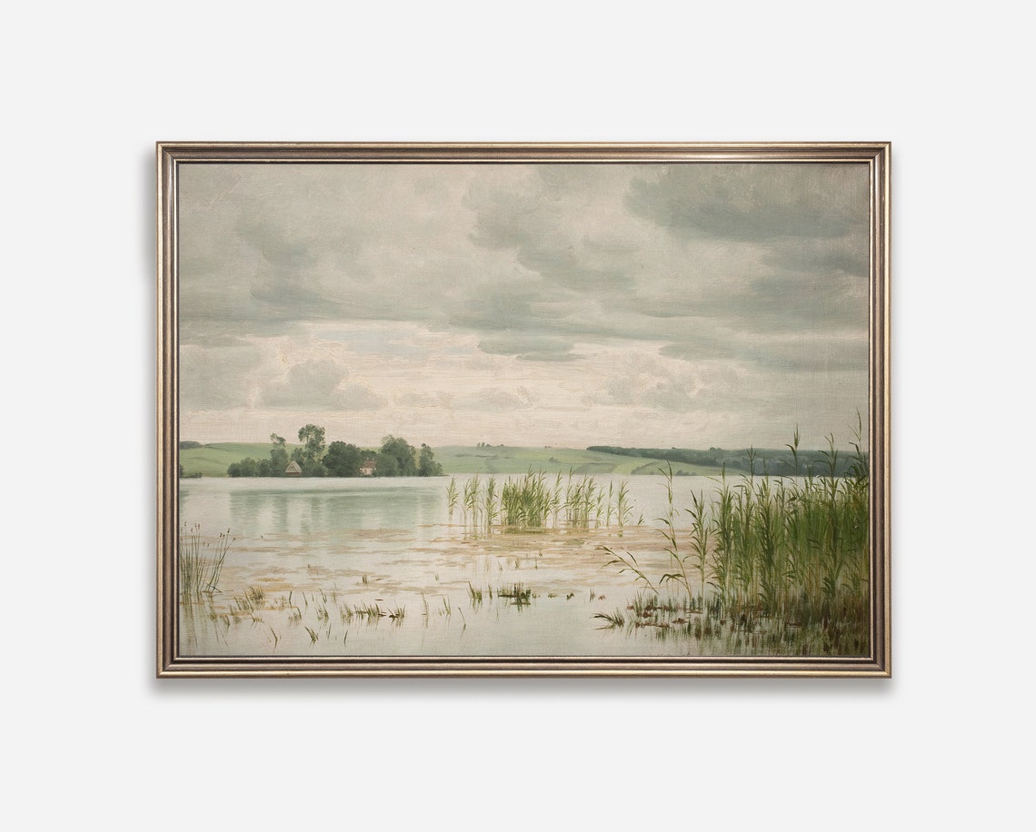 Vintage Marsh Lake Landscape With Reeds Under Cloudy Sky Art Poster - Image 4
