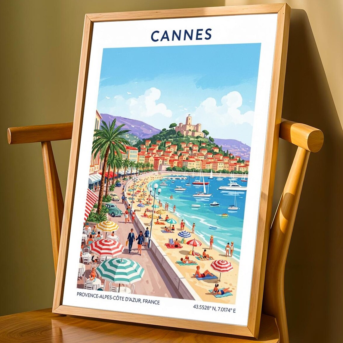 Cannes France Riviera Beach Umbrellas Yachts Vintage Travel Poster