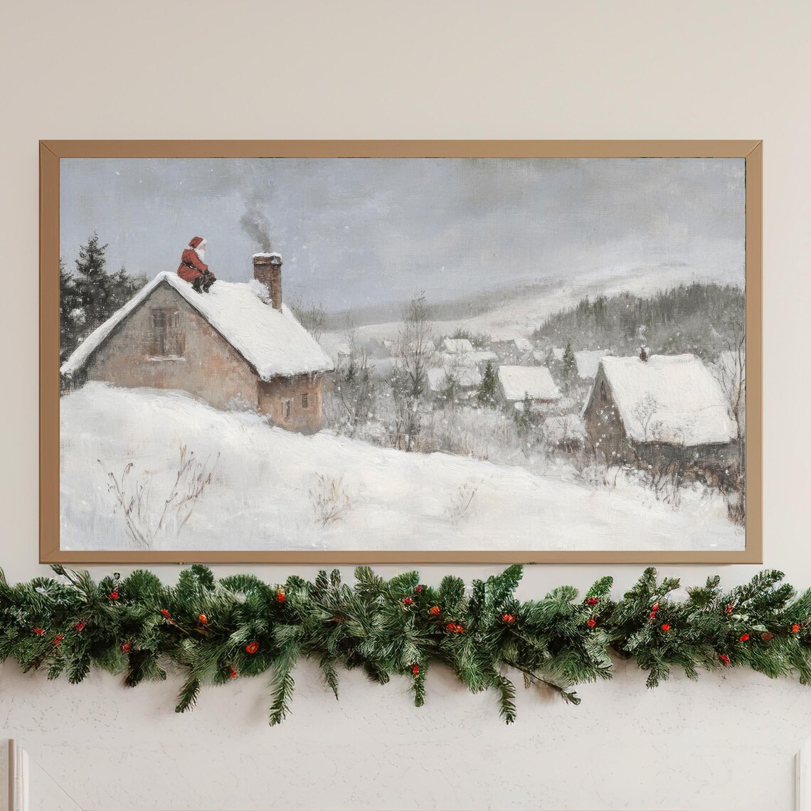 Santa On Snowy Cottage Roof Christmas Eve Village Painting Poster - Image 2