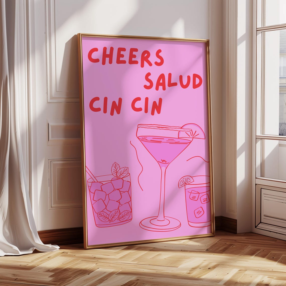 Cheers Salud Cin Cin Pink Cocktail Line Art Bar Cart Decor Print