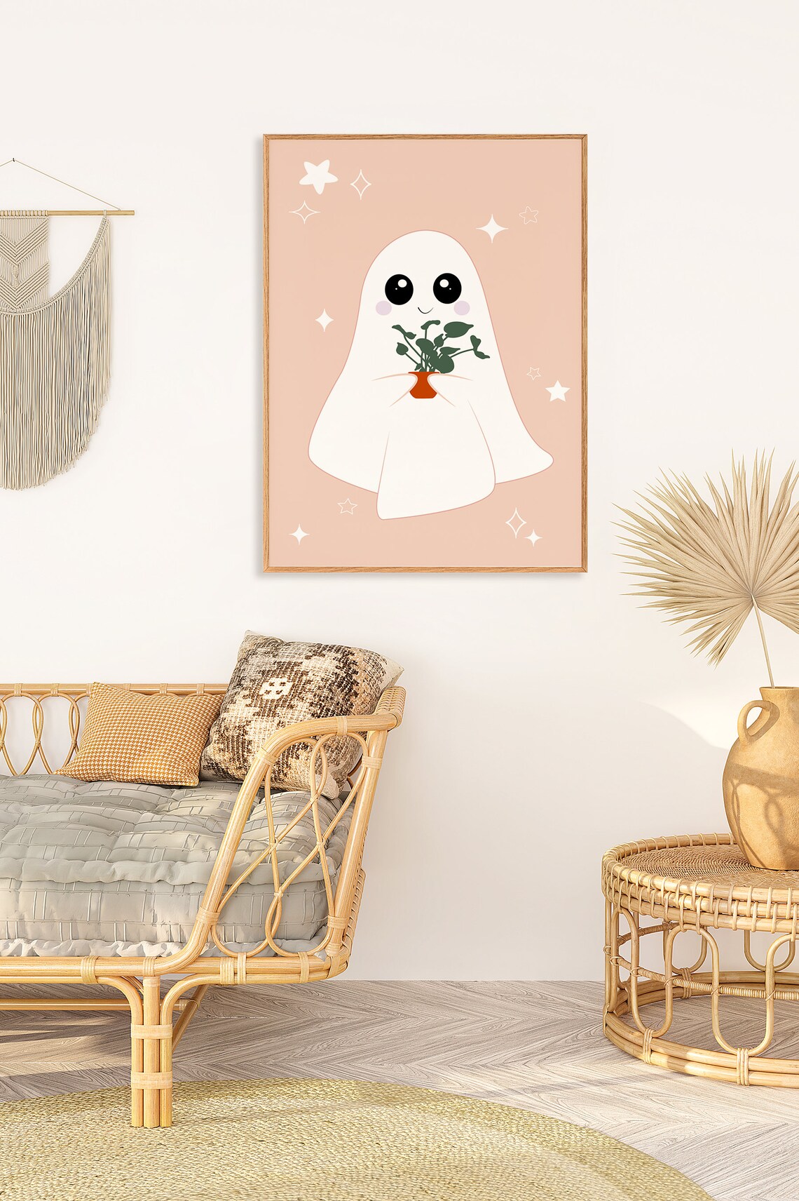 Cute Halloween Ghost Holding a Potted Plant in Pastel Poster - Image 2