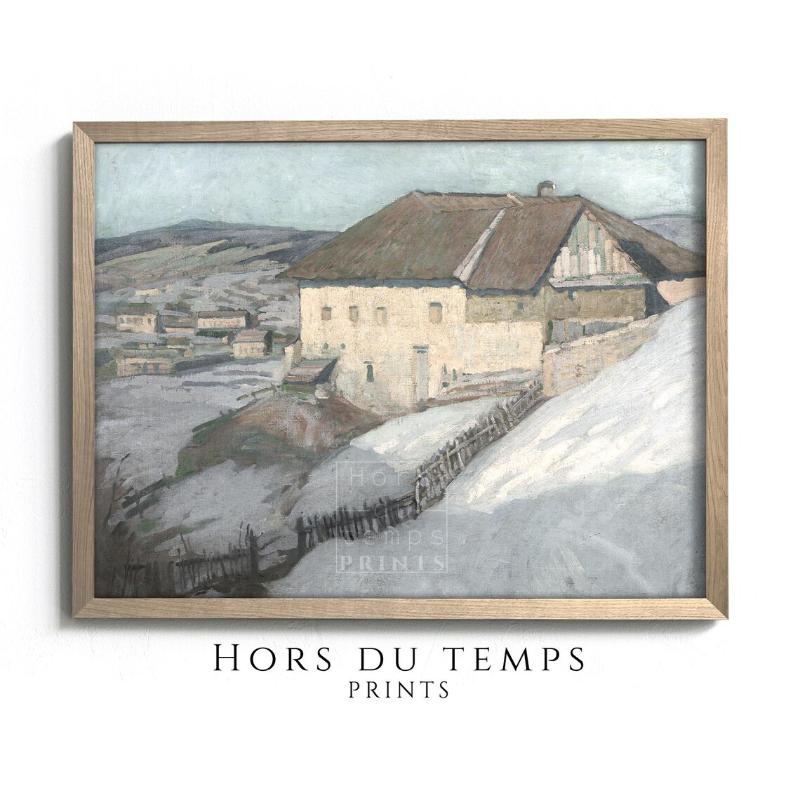Winter Farmhouse on Snowy Hillside with Fence Village Painting Poster