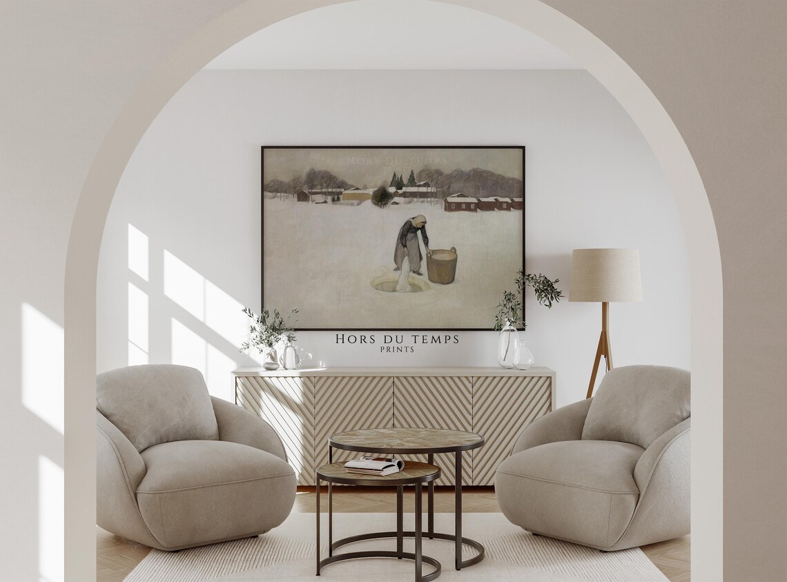 Woman Drawing Water Ice Hole Winter Village Vintage Figurative Poster - Image 2
