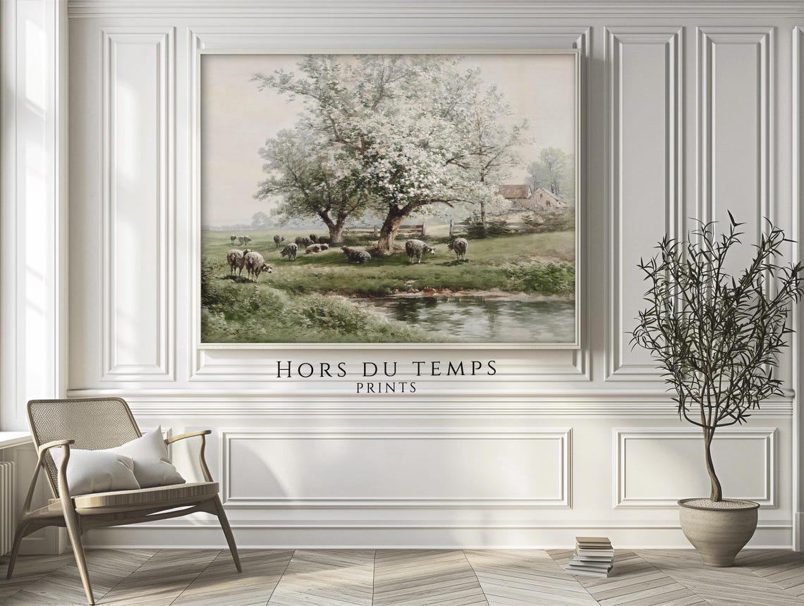 Sheep Grazing Under Blossoming Trees Vintage Spring Pastoral Poster - Image 2