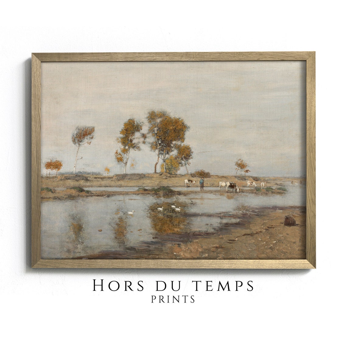 Cattle Watering by the River Autumn Vintage Landscape Art Poster